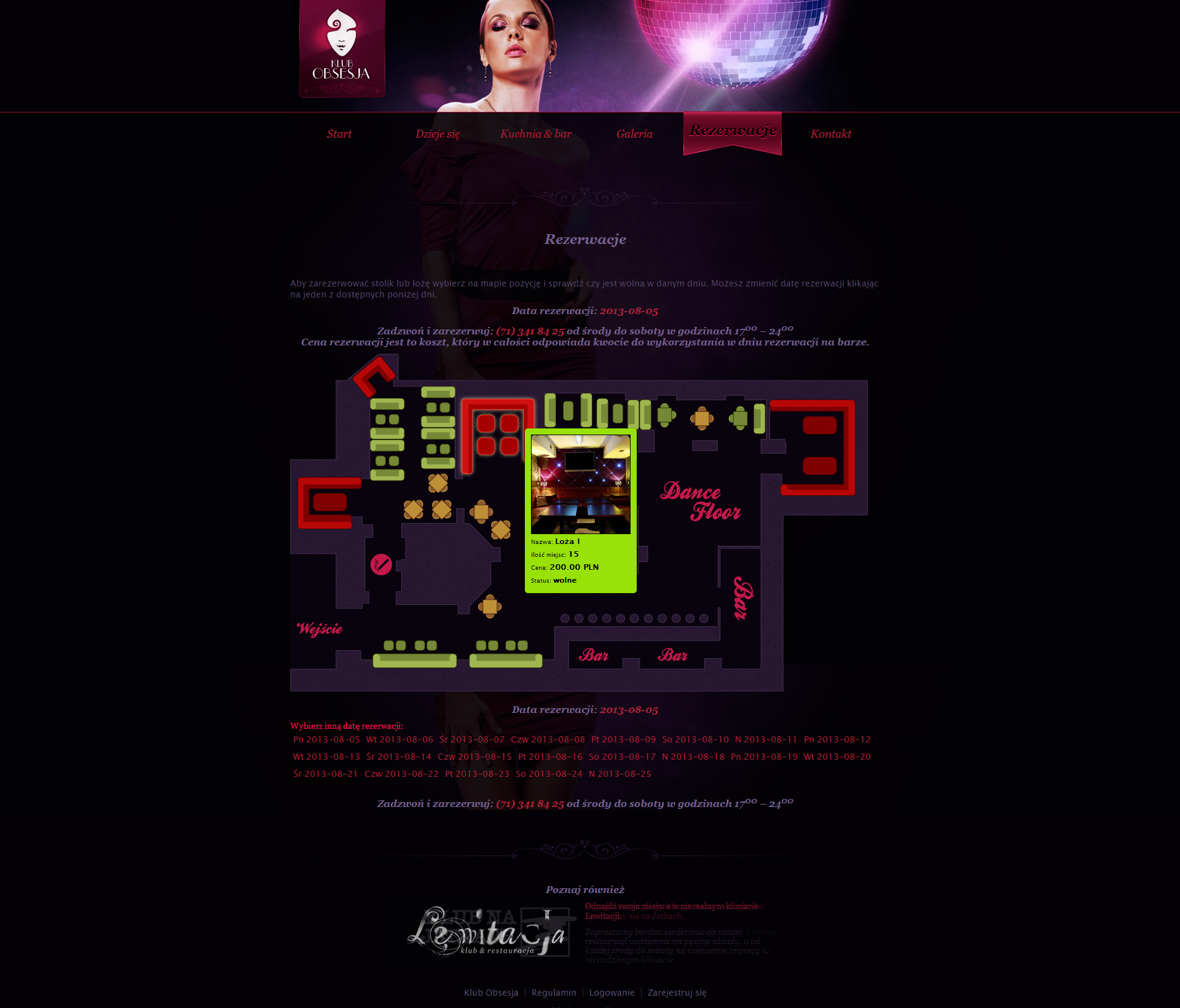 Klub Obsesja - system rezerwacji lóż Klub Obsesja - strona główna